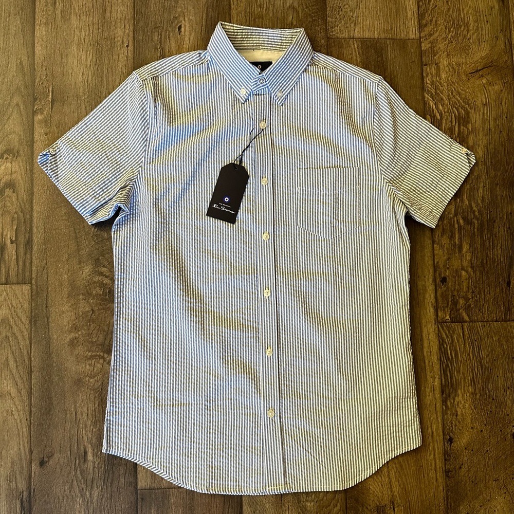 Ben Sherman Short Sleeve Button Down Striped Blue Shirt Mens Size S